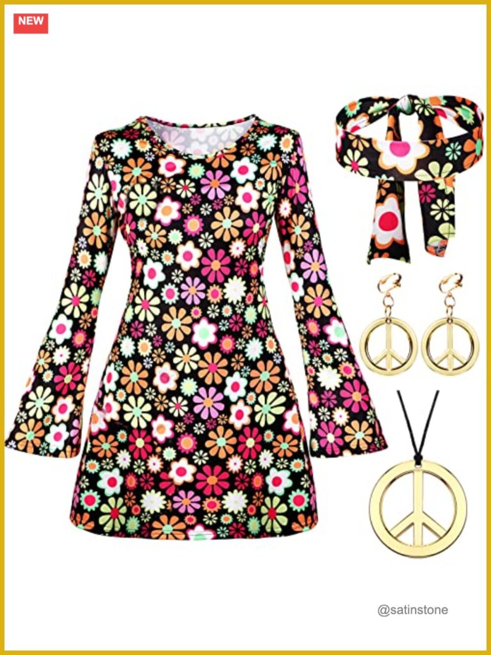 Haysandy 4 Pc 70s Disco Costume Set Polyester Spandex Dress & Hippie Accessories